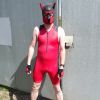 Synergy Red Trisuit + Neoprene Pup Hood