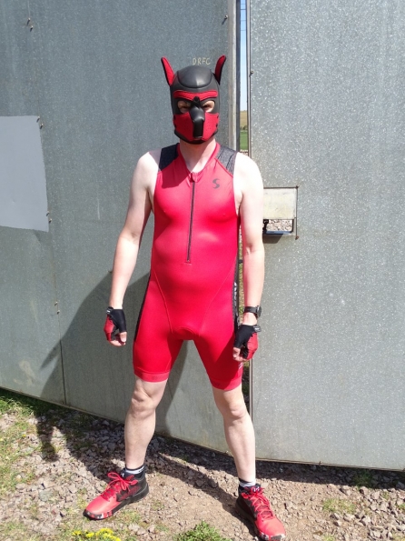 Synergy Red Trisuit + Neoprene Pup Hood