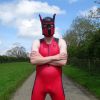 Synergy Red Trisuit and Neoprene Pup Hood