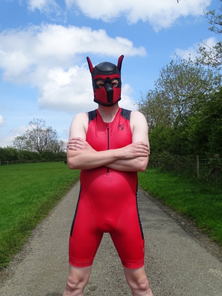 Synergy Red Trisuit and Neoprene Pup Hood