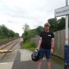 Holding my back helmet at Elton and Orston railway station