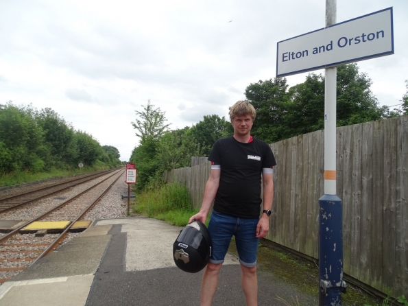 Holding my back helmet at Elton and Orston railway station