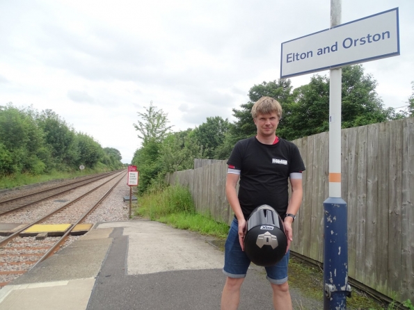 Holding my back helmet at Elton and Orston railway station