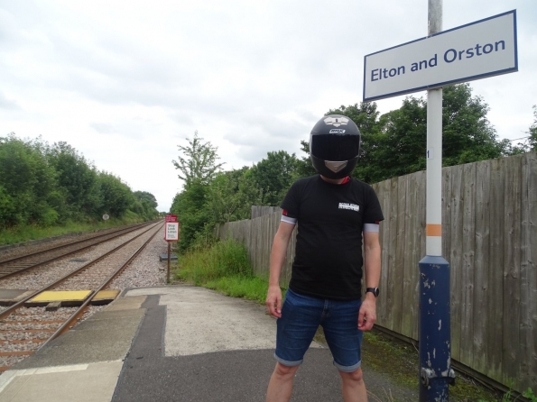 Wearing my back helmet at Elton and Orston railway station