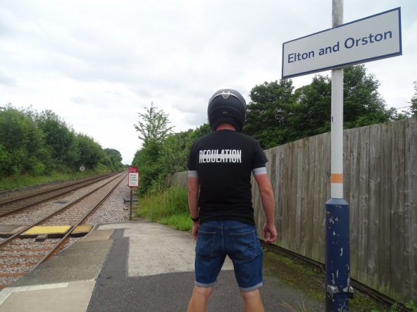 Wearing my back helmet at Elton and Orston railway station