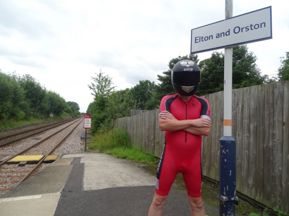 Wearing my back helmet at Elton and Orston railway station