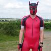 Synergy Red Cycling Skinsuit and Neoprene Pup Hood