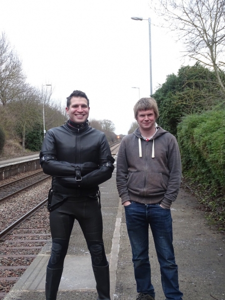 Straitjacket fun at railway station