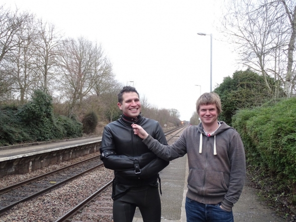 Straitjacket fun at railway station